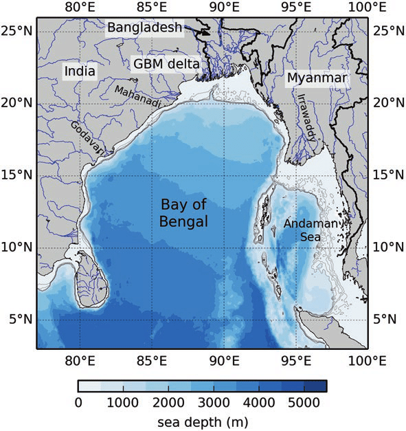1 Overview of the Bay of Bengal, showing bathymetry and the location of features mentioned in the text. Contours are shown at 100 m intervals to 500 m; greater depths are shown by colour shading, as in the key. Bathymetry data is taken from the GEBCO 1′ dataset, www.gebco.net 